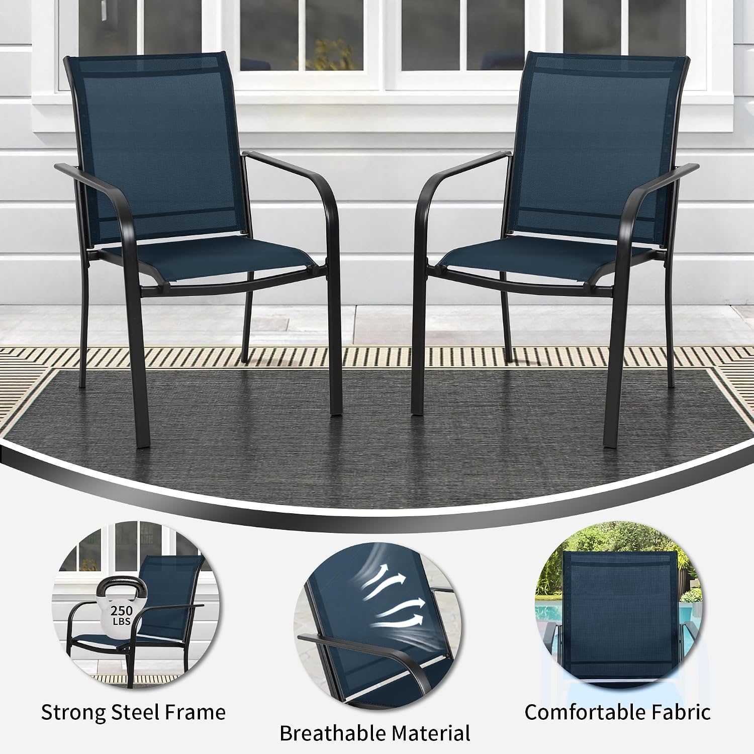 Incbruce Patio Chairs Set of 2 with Textilene Fabric, Outdoor Dining Chairs Made of Metal Materials for Garden, Backyard, Lawn, Dark Blue