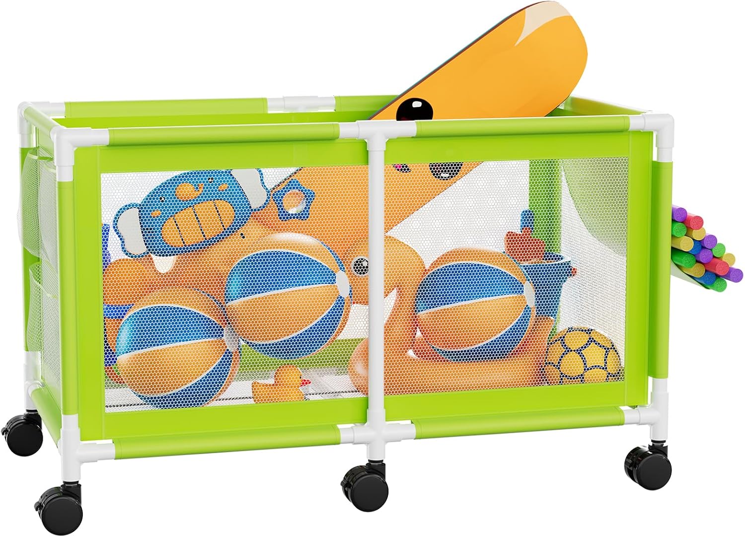 280 Gallon 69" L Extra Large Swimming Pool Storage Bin, Pool Noodles Holder, Toys, Floats, Balls and Floats Equipment Mesh Rolling Storage Organizer Bin, 69" Lx32 Wx35 H (Acid Lime)