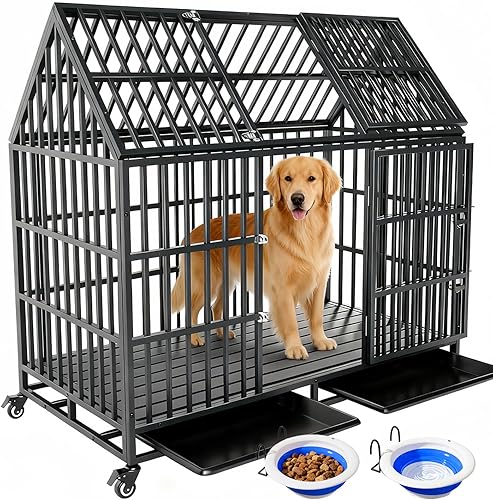 Jaula para perros indestructible de 54 pulgadas, jaula de acero a prueba de escapes para perros grandes y gigantes, alta ansiedad, doble puerta para