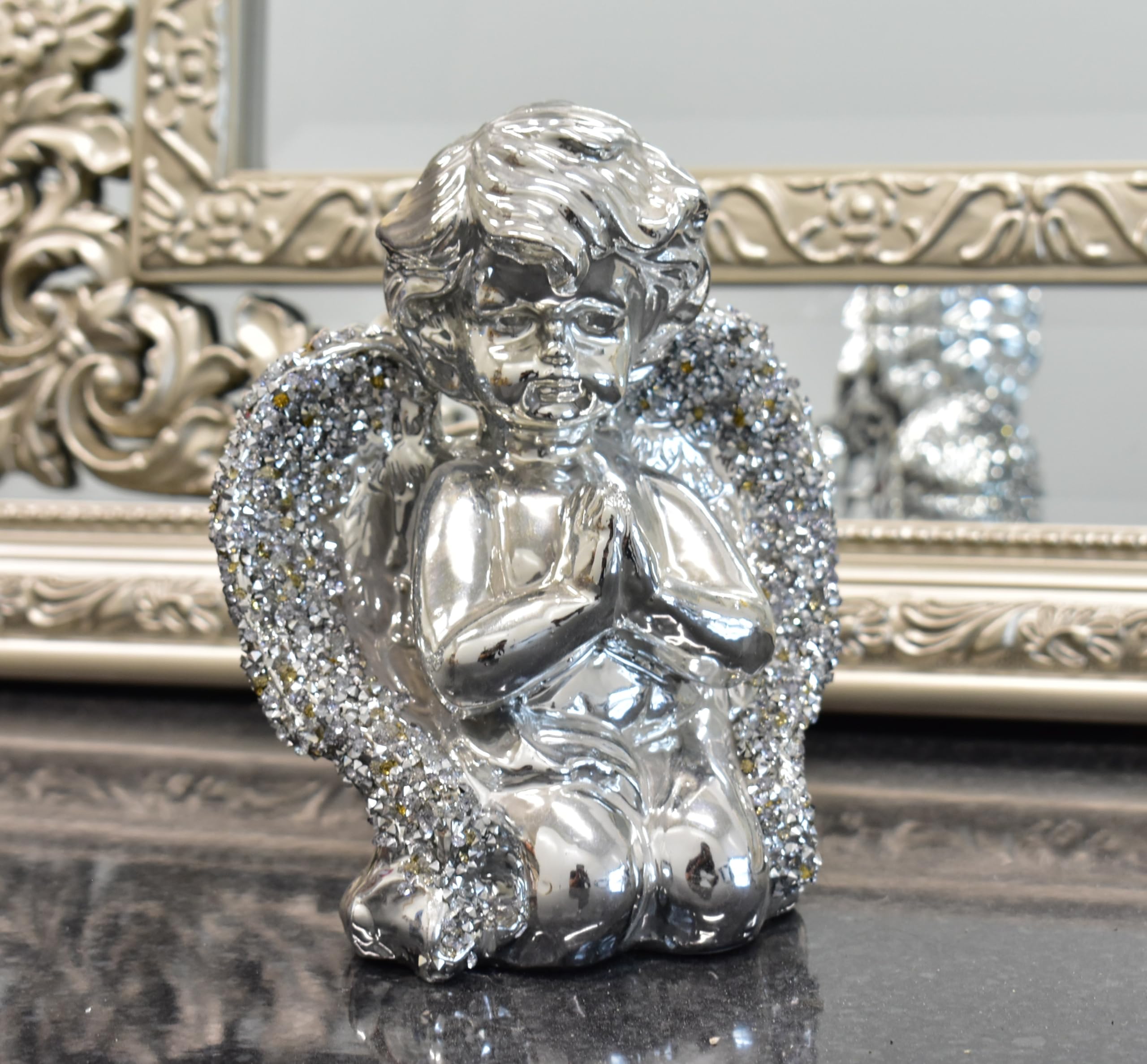 Deenz Silver Baby Angel With Wings Beautiful Crushed Diamond Jewel Sitting Angel Sparkle Shelves Ornament Best For Gift
