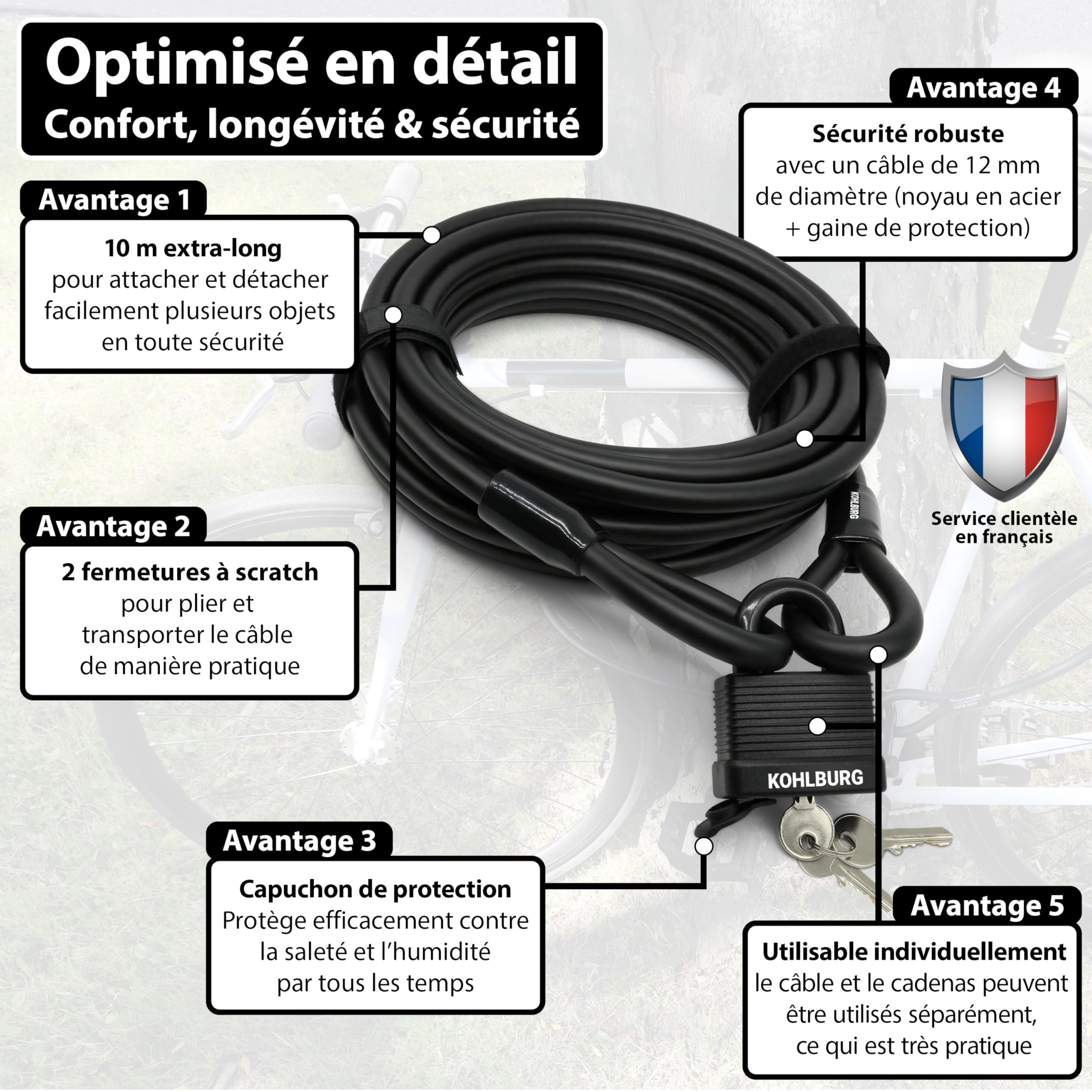 KOHLBURG cable antivol de 10 mètres – cadenas velo à 3 clés – fermeture par simple pression – câble en acier 10 m comme anti vol vélo, remorque, poussette et mobilier de jardin – 1000 cm long