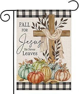 Fall Cross Garden Flag 12x18 Double Sided,Religious Cross Fall for Jesus Buffalo Plaid with Pumpkins Small Yard Flags for Outside,Seasonal Flags for Autumn Thanksgiving Holiday Farmhouse Outdoor