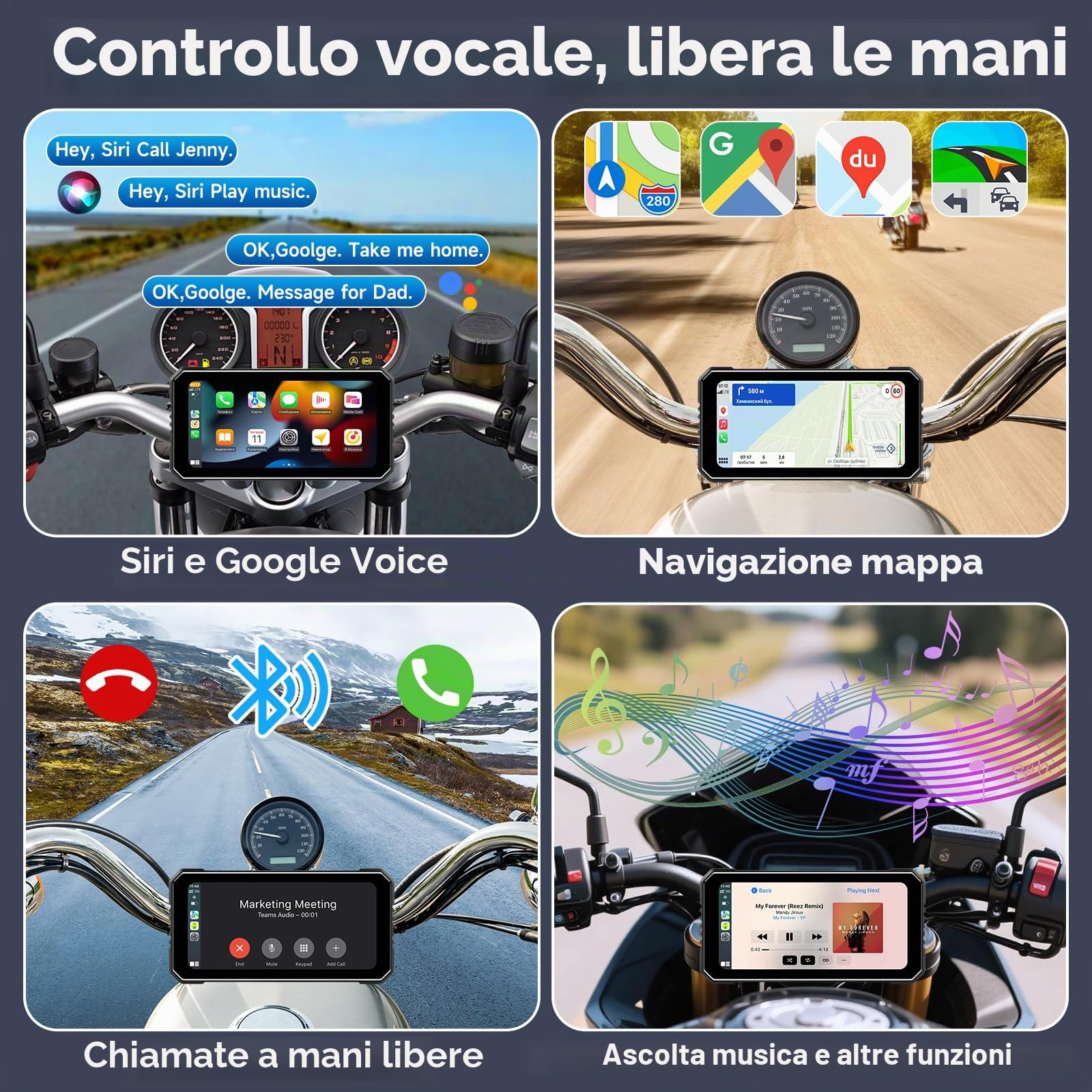 Vtopek Carplay Moto 6,25 Pollici Dashcam 4K+1080P Dual Camera Impermeabile Navigazione GPS Bluetooth Siri 64GB