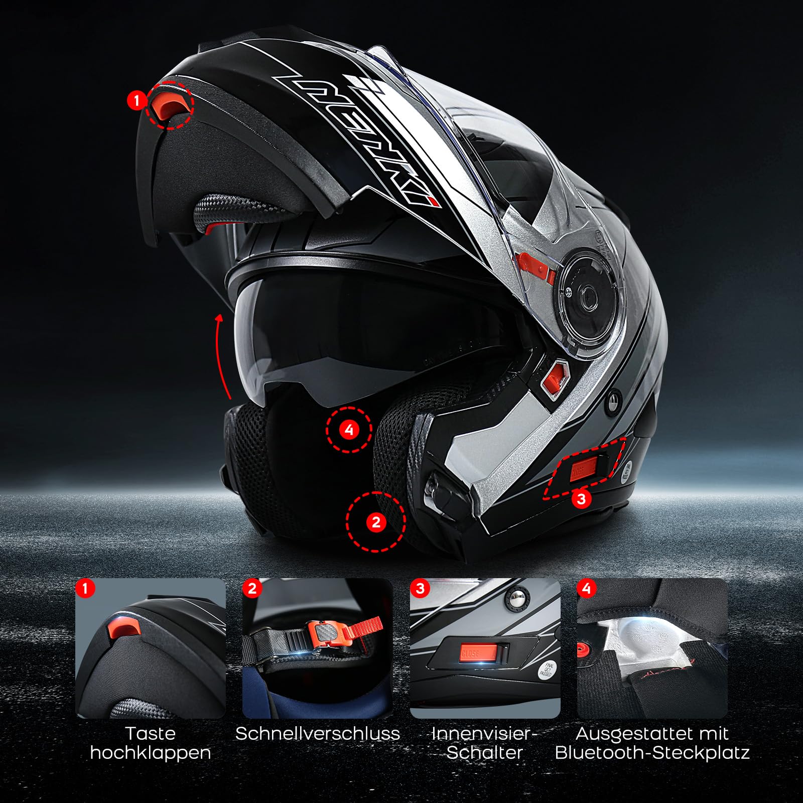 Klapphelm Integralhelm Motorradhelm mit Sonnenblende und Visier, ABS-Schale, ECE 22.06, M-XXL