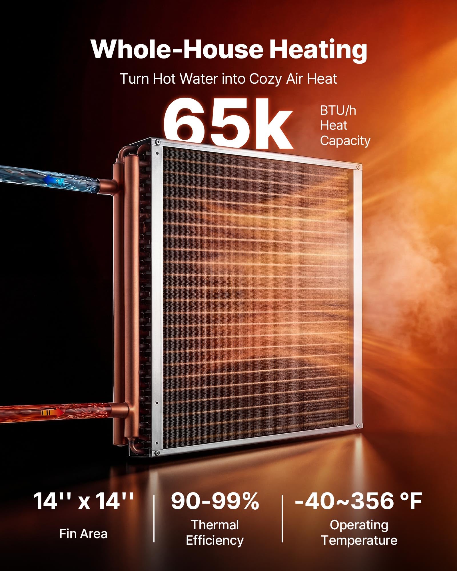 VEVOR Serpentín de Intercambio de Calor de 356 x 356 mm, Intercambiador de Calor Aire-Agua con Aletas de Aluminio y Tubos de Cobre, Capacidad 65000 BTU/h para Hornos, Refrigeración, Calefacción, HVAC