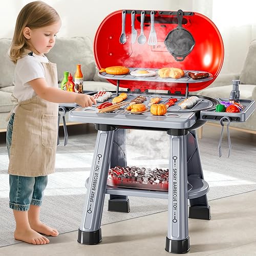 Miniatura 4 de Juego de juguetes de cocina para niños, parrilla de barbacoa para niños, juego de cocina con humo, sonido y luz, barbacoa de 2 capas para interiores
