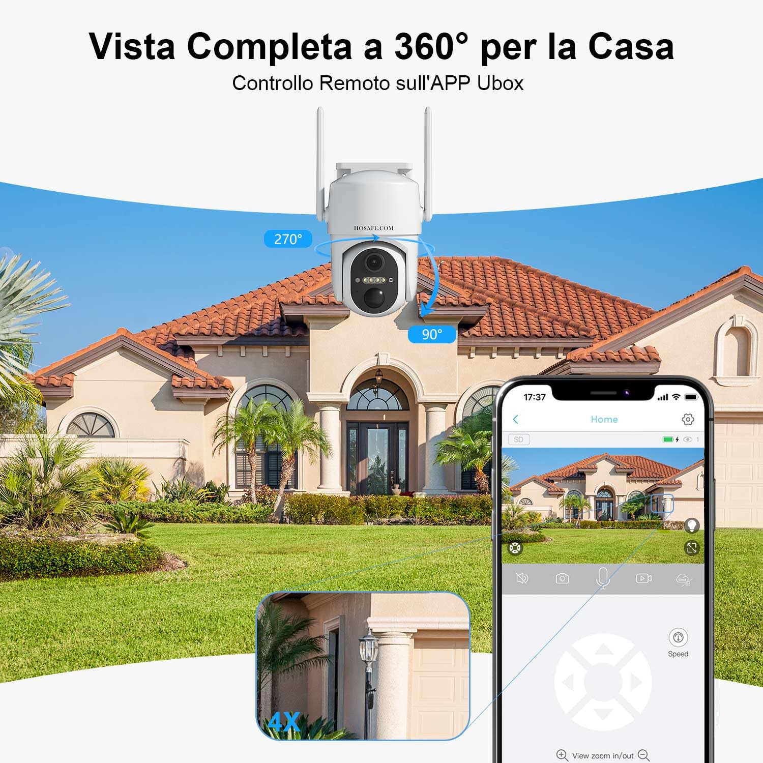 HOSAFE.COM Telecamera Wi-Fi Esterno, Telecamera WiFi Esterno, Telecamera WiFi Esterno Senza Fili, Telecamera a 360° con PTZ, Sensore PIR, Visione Notturna a Colori 2K HD, Cloud, Impermeabile IP66