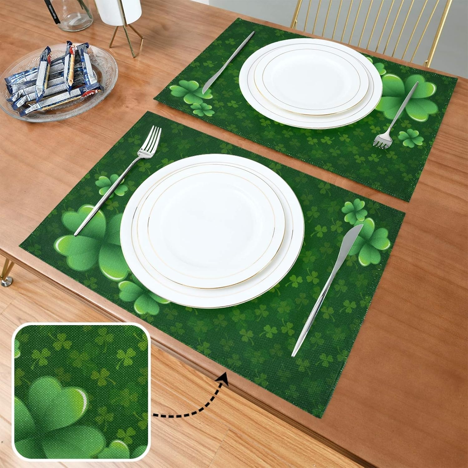 St. Patrick's Day Placemats Set of 6 Irish Clover Shamrock Leaves Placemat Table Place Mats for Dining Kitchen Table Easy to Clean Washable 12" x 18"