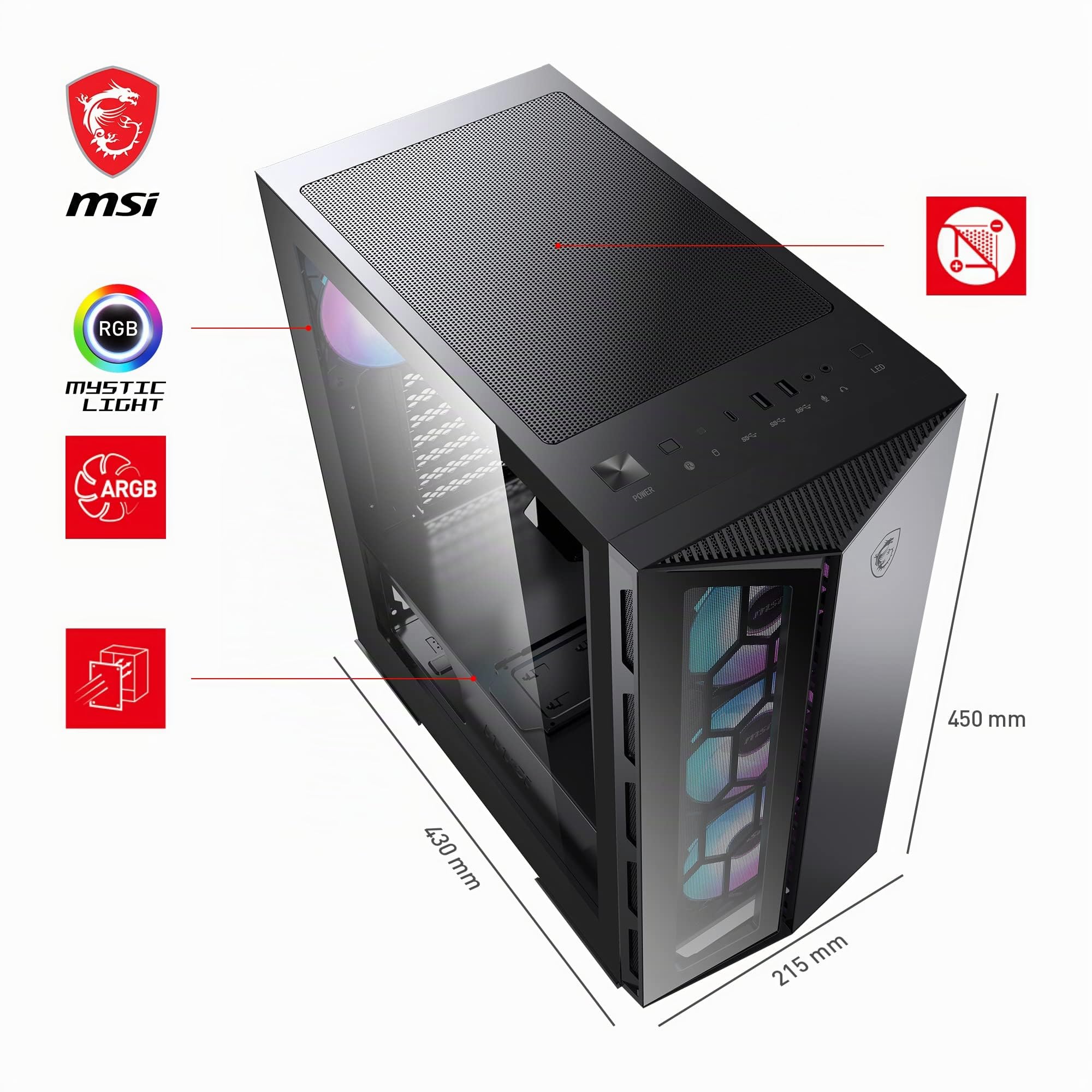 MSI MPG GUNGNIR 110R - Case PC, Mid-Tower, USB 3.2 Gen2 Type-C, controller ARGB da 1 a 6, 2 pannelli in vetro temperato, compatibile ATX, mATX e Mini-ITX