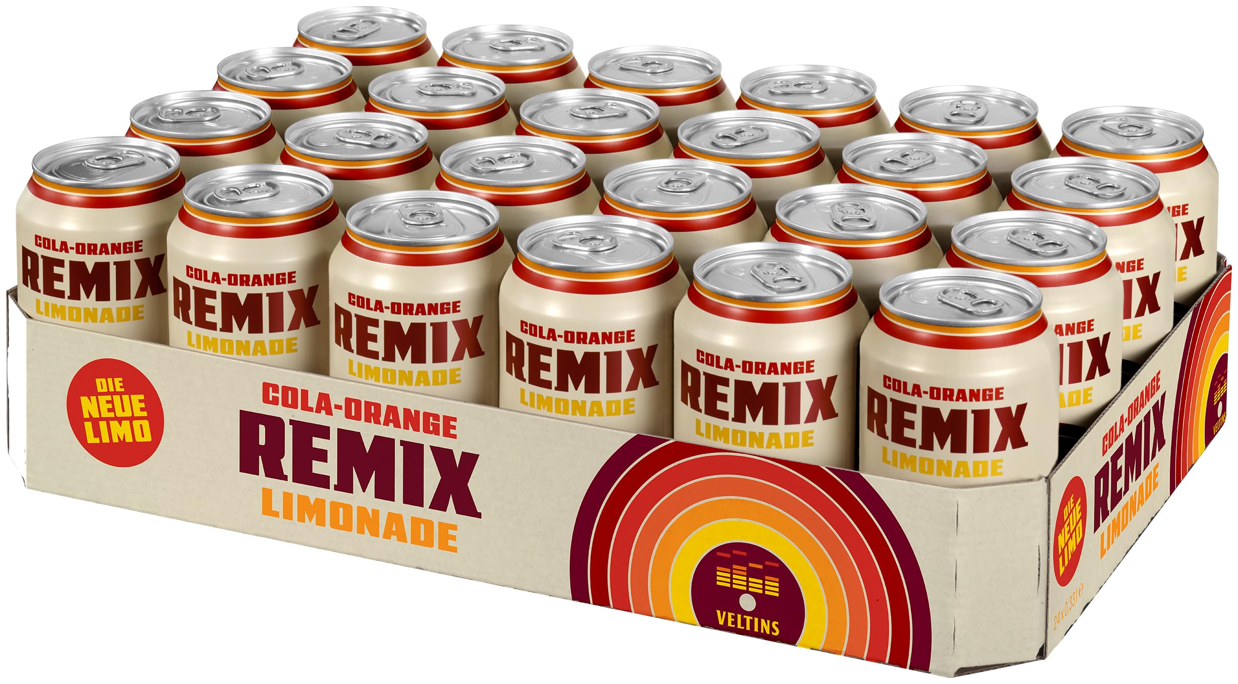 VELTINS Remix Cola-Orange Alkoholfrei, EINWEG (24 x 0,33 l Dose) – Cola-Orangen-Limonade mit deutlich mehr Fruchtsaft, 0,0% Alkohol – fruchtig-spritzig im nostalgischen Retro-Design