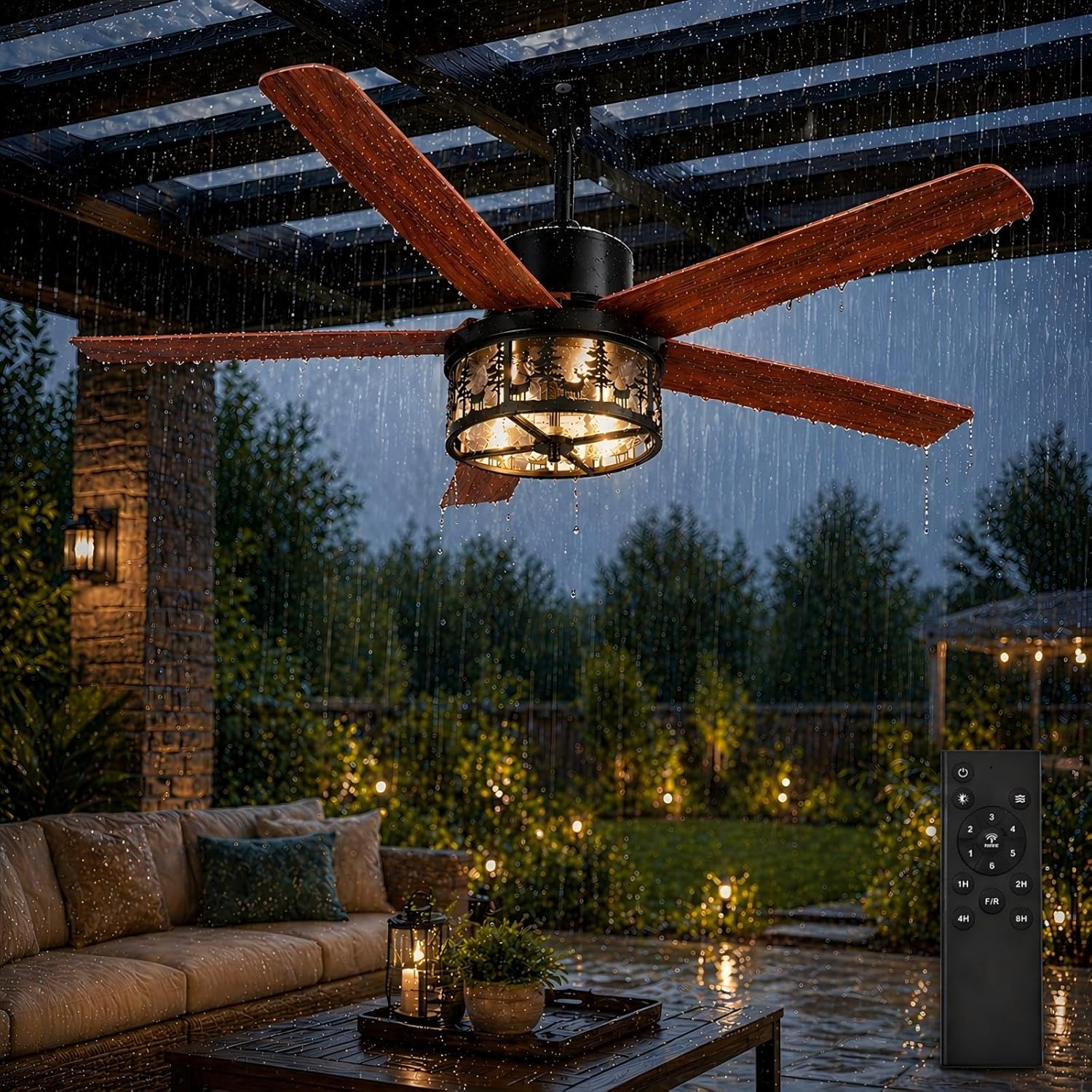 52 Inch Outdoor Farmhouse Rustic Ceiling Fan with Light, Rustic Deer Antler Ceiling Fan, IP65 Waterproof Ceiling Fan with Remote and Reversible Motor, Gazebo Fan for Patio, Porch, Bedroom