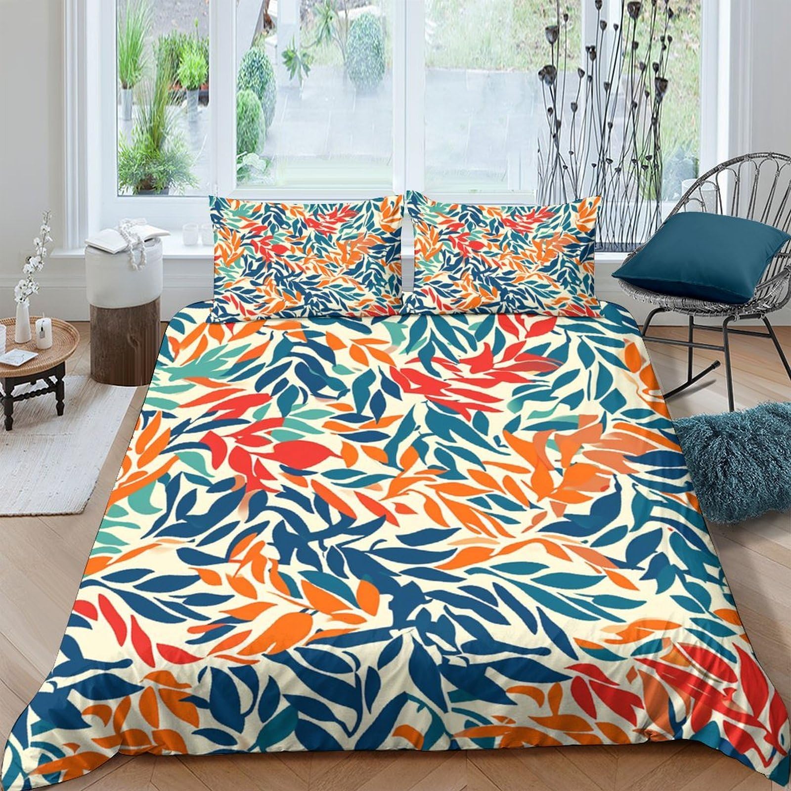 Ctjqhvkz Style-9 3D Printed Tropical Leaf Fitted Sheet Microfiber Orange Blue Botanical Mattress Cover For Bedroom Decor Easy Care Single（135X200cm）