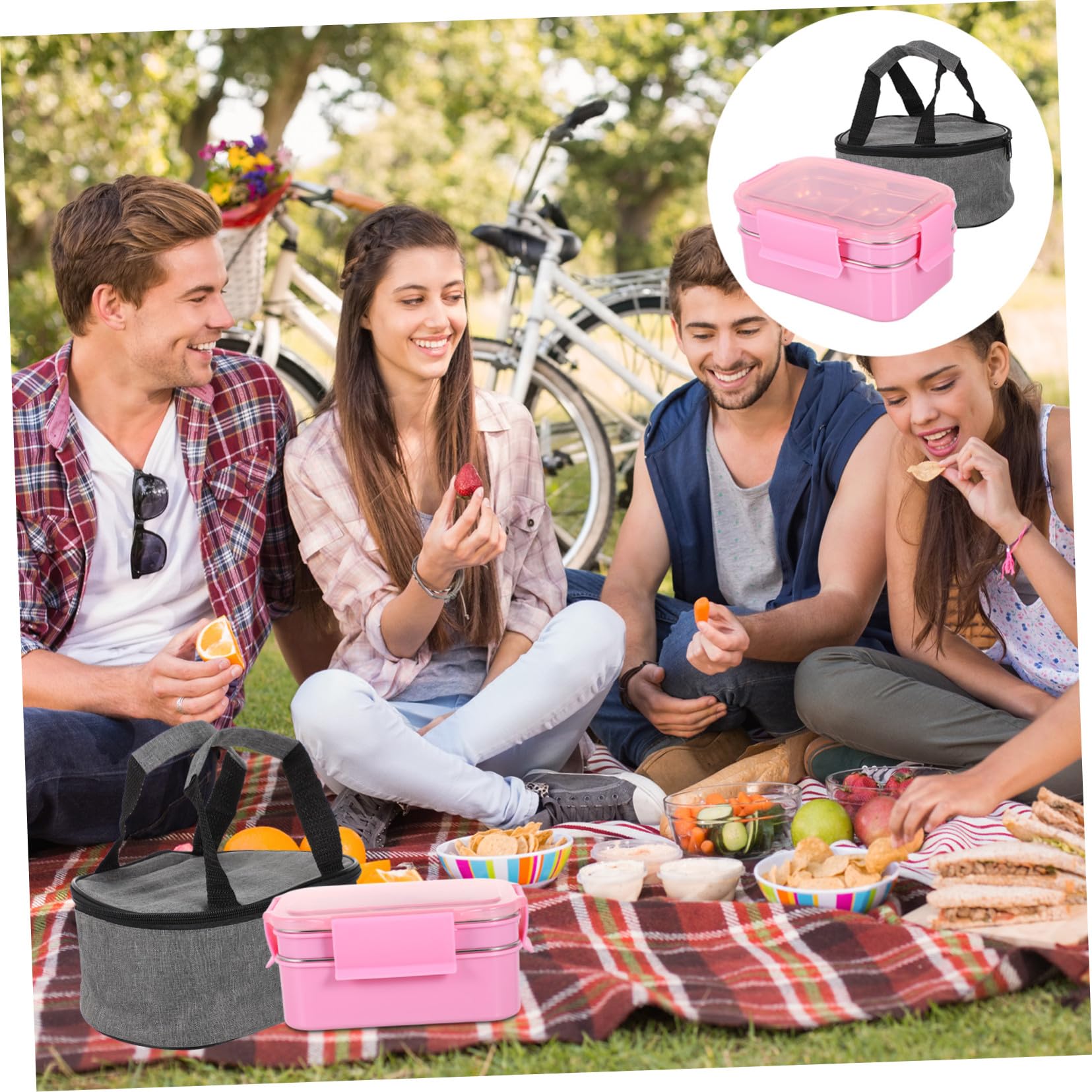 Fiambrera Térmica de Acero Inoxidable Caja de Almuerzo Portátil de Doble con Compartimentos Incluye Cuchara y Palillos Bolsa Aislante Rosa para Oficina y Estudiantes