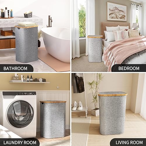 Miniatura 3 de SuperOrganize Cesta de lavandería de 100 litros con tapa, organizador grande con asas de bambú y bolsa interior extraíble, cesta de ropa sucia para