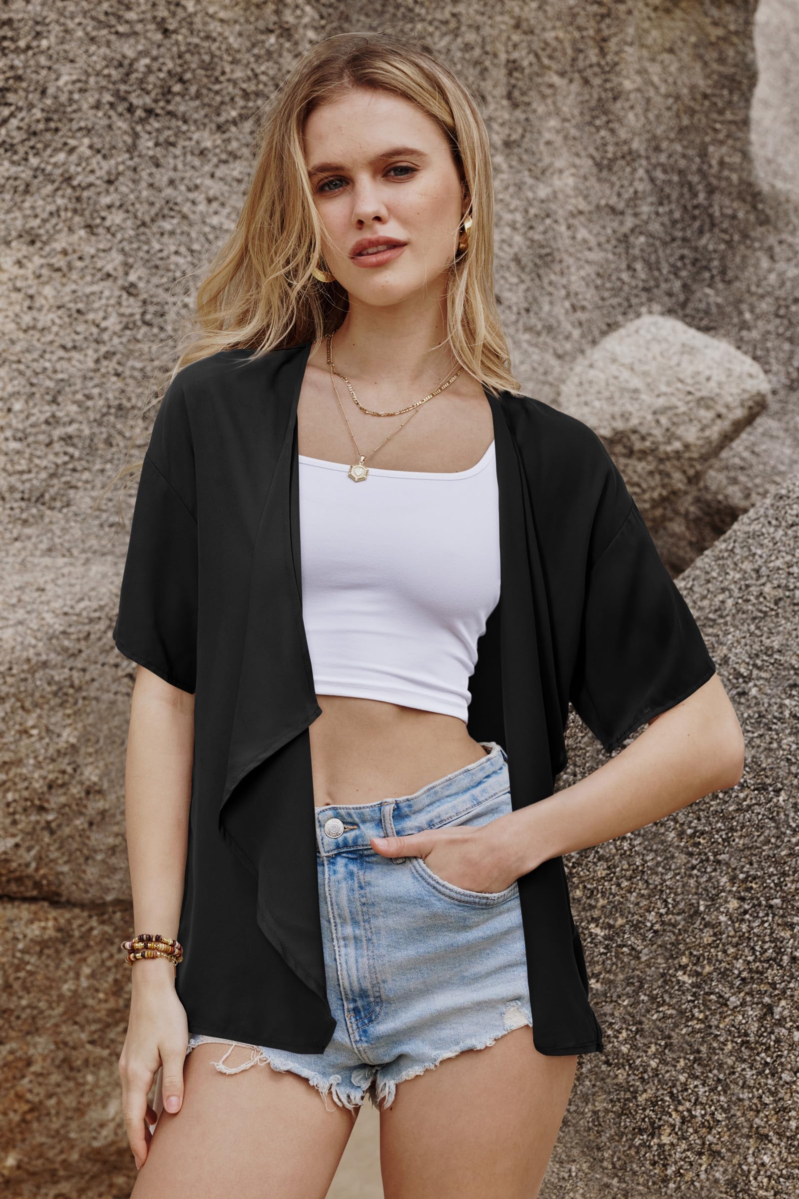 STYLEWORD Donna Bolero Chiffon Cardigan Estivo Leggero a Maniche Corte Copritevi con Un Cardigan Aperto sul Davanti