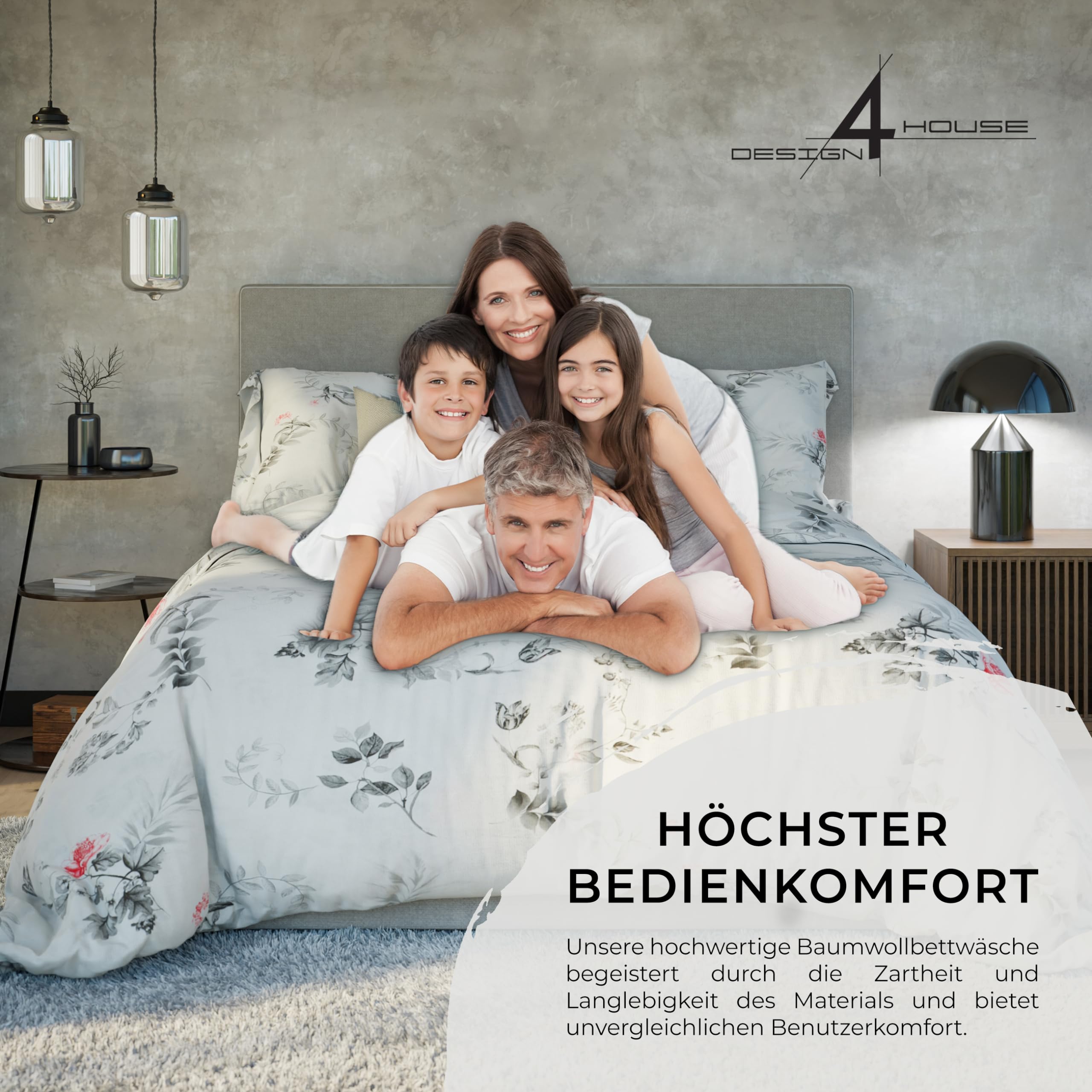 4housedesign®, biancheria da letto in cotone, 135 x 200 cm, 4 pezzi, certificato Oeko-Tex, traspirante, con chiusura lampo, facile da pulire, set di biancheria da letto (primavera)