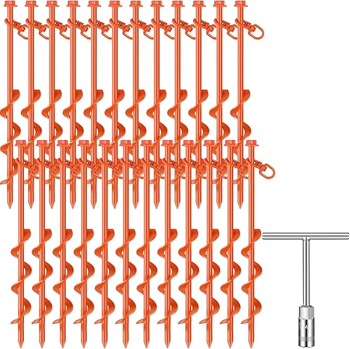 Miniatura 8 de Zhengmy Juego de 24 anclajes de tierra atornillados, estacas resistentes de 12 pulgadas para tienda de campaña con gancho de anclaje para trampolín,