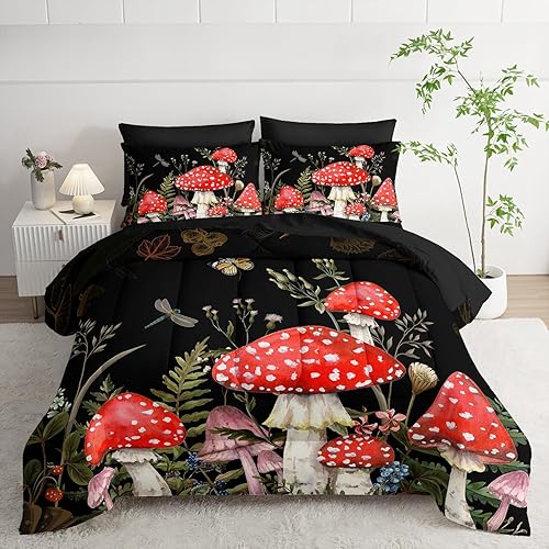 Mushroom Comforter Set Queen Size - 7 Piece, Red & Black Botanical Bedding, Soft Microfiber, Trendy Cottagecore Style