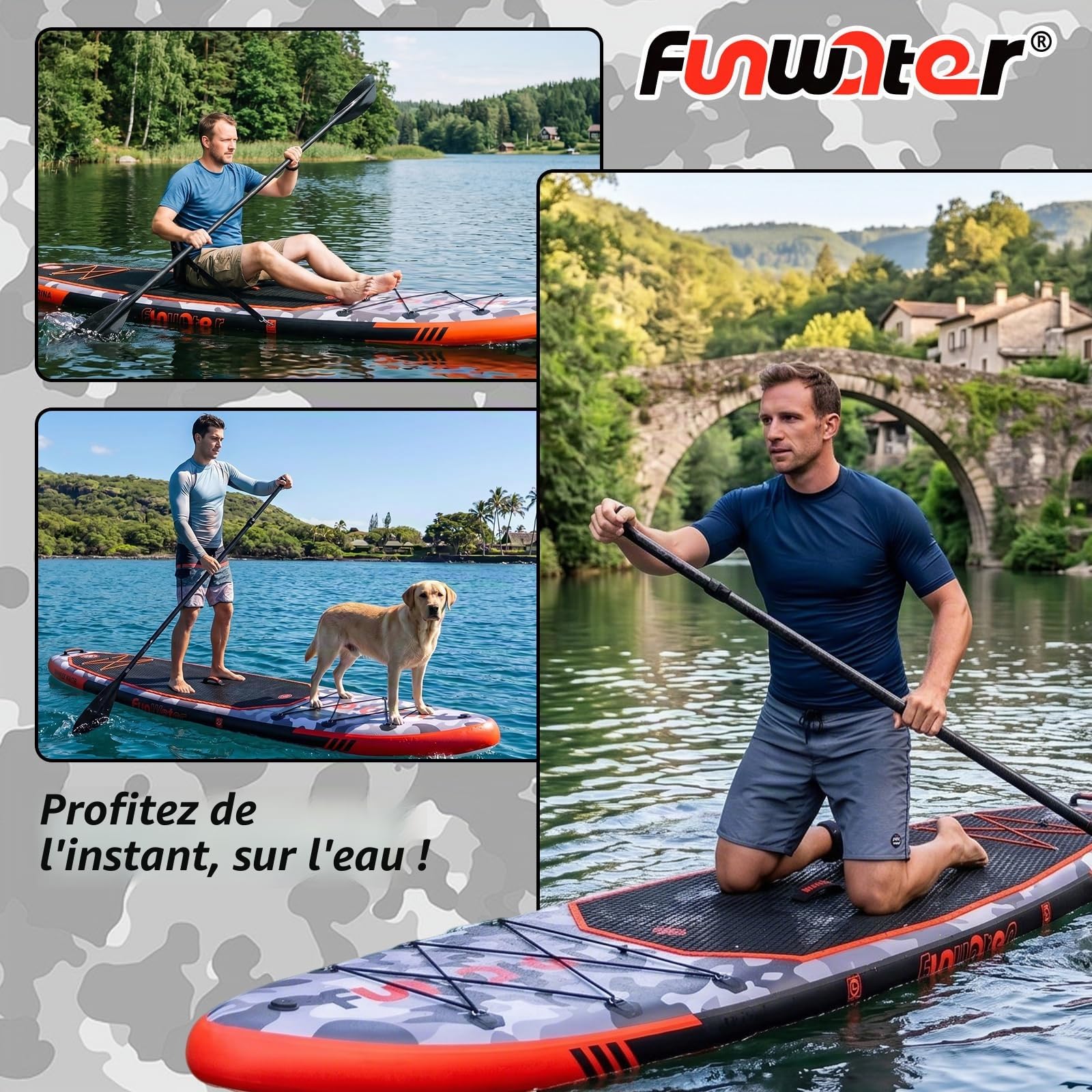 FunWater Planche de stand up paddle gonflable de 330 cm - Kit complet avec pagaie, sac à dos, étui pour téléphone portable, 3 palmes, pompe, siège et bandoulière - Planche de SUP pour débutants et