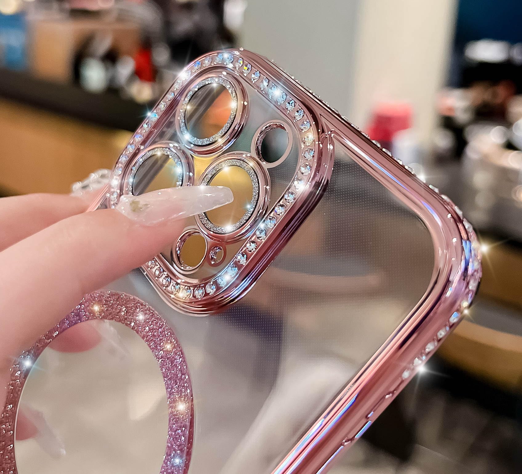 Cute For IPhone 13 Pro Max Magnetic Glitter Case, Luxury Bling Rhinestone Diamond Bumper Frame Case Compatible Magsafe Sparkle Clear Anti Yellow Protectiv