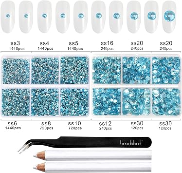 Beadsland Flatback Rhinestones, Aquamarine, 8300pcs Mixed 10 Sizes