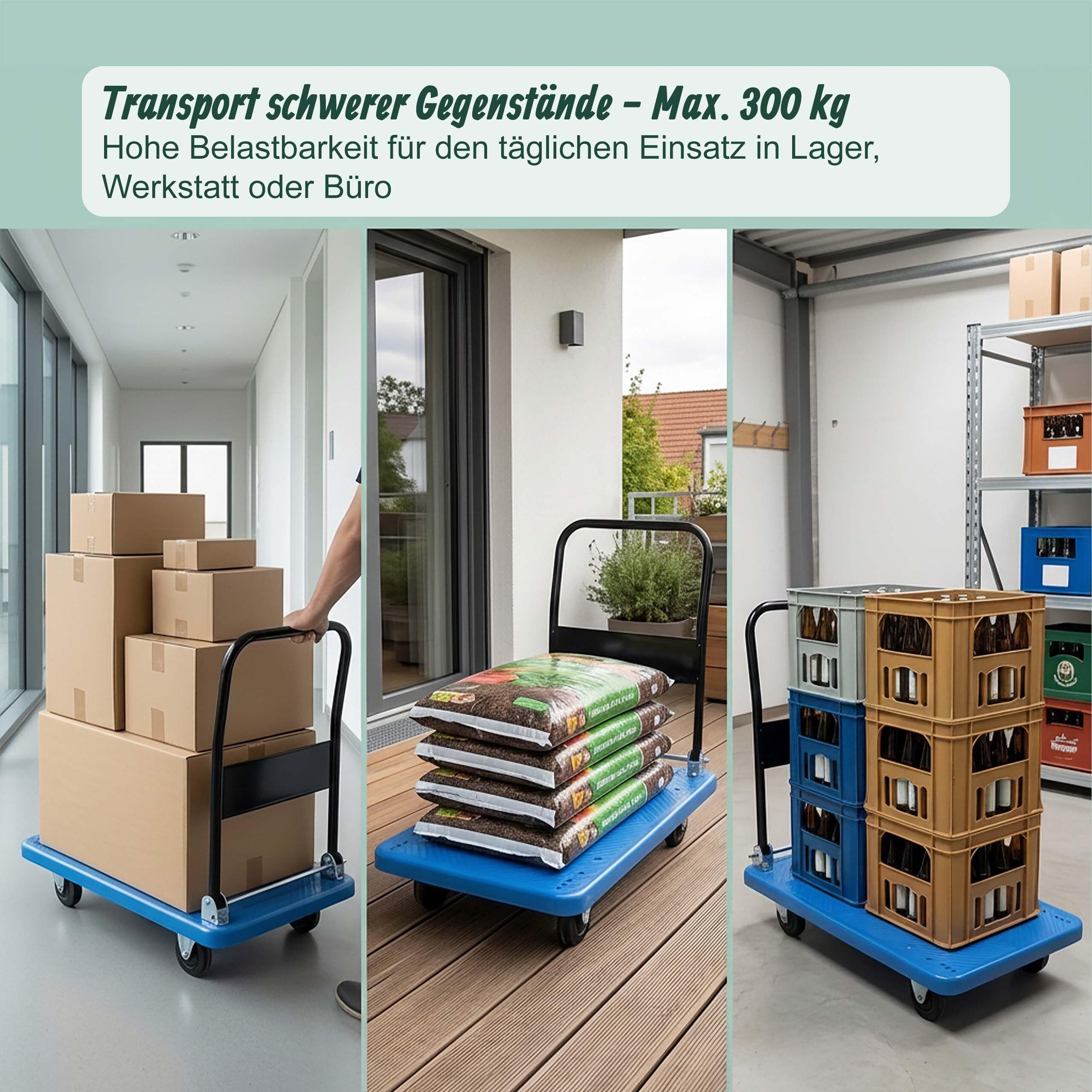 Relaxdays Transportwagen bis 300 kg, klappbar, Plattformwagen, Griff, 2 Lenkrollen, große Ladefläche, Handkarre, blau