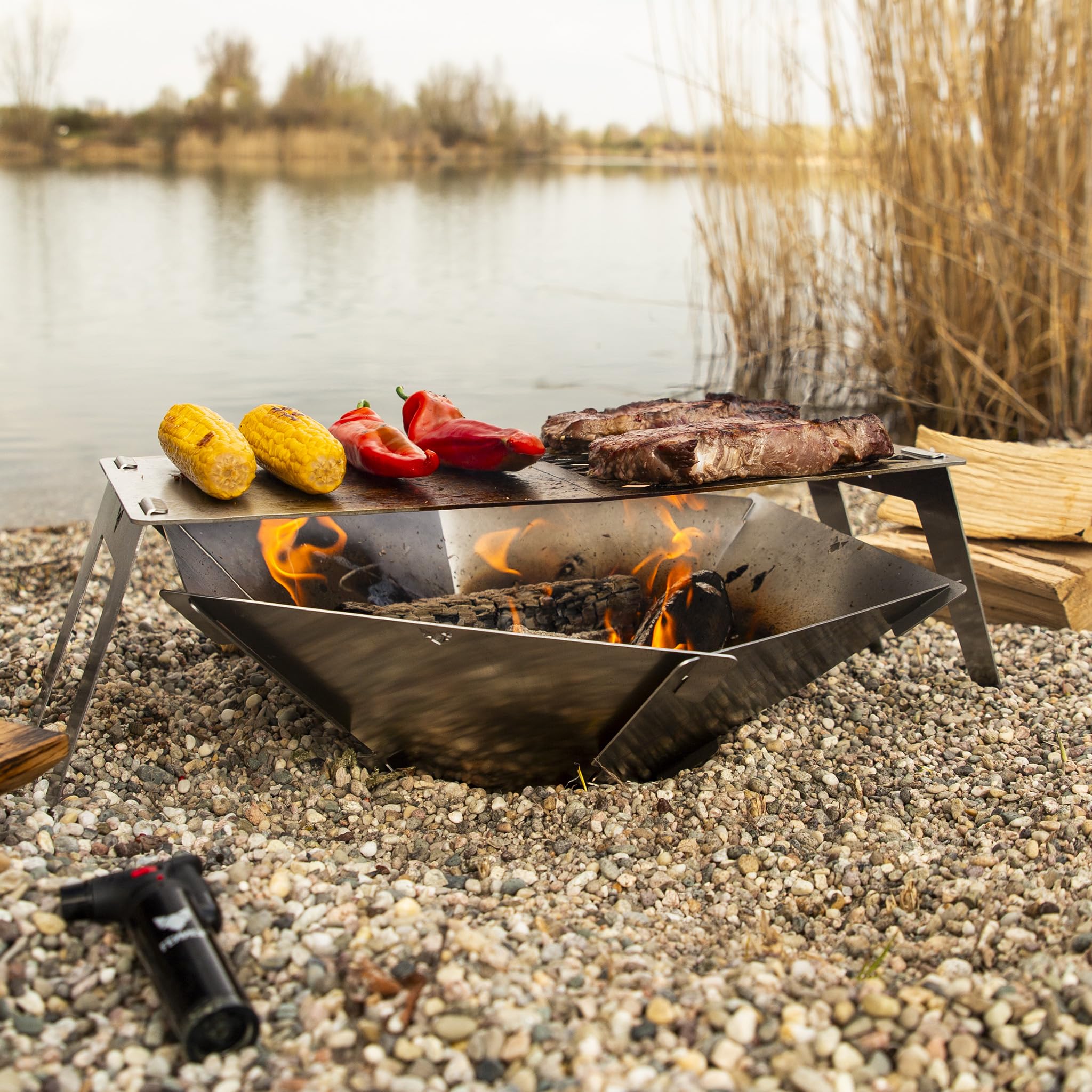 FENNEK 4FIRE | Asadora Desmontable para el brasero Hexagon | con Parrilla y Plancha para Acampar, autocaravanas, el jardín o IR de Pesca | Acero Inoxidable…