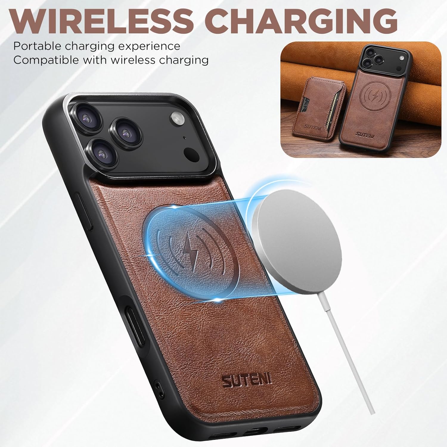 Compatible with MagSafe iPhone 17 Air Case Wallet,2 in 1 Leather Magnetic Detachable Credit Card Holder Flip Cover Kickstand Shockproof for Men Women Military Protection Phone Cover,Brown
