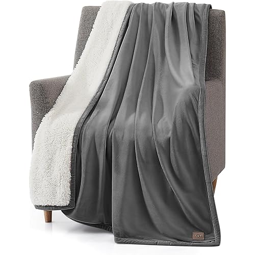 UGG 23858 Bliss Luxurious Oversized All Season Soft Plush Hypoallergenic Flannel Fleece Blanket Double Sided Machine Washable Decorative Accent Throw for Comfort and Warmth, 70 x 50-Inch, Charcoal