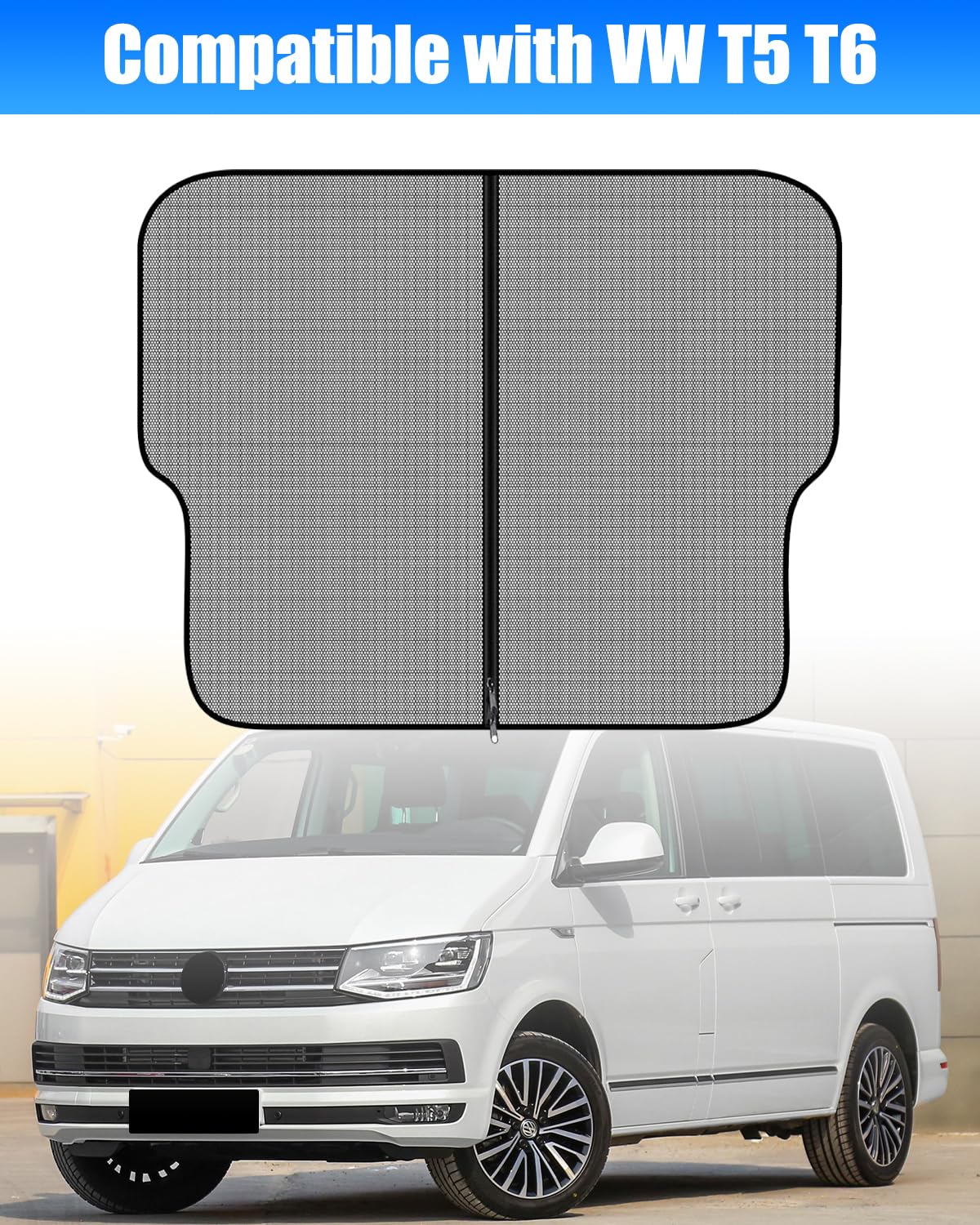 Osłona przeciwsłoneczna na tylne drzwi auta Kompatybilna z VW T6, T5, osłona bagażnika z TRZYMI zamkami błyskawicznymi, magnetyczna przegroda, zasłona, siatka antymoskito dla wycieczek na kemping