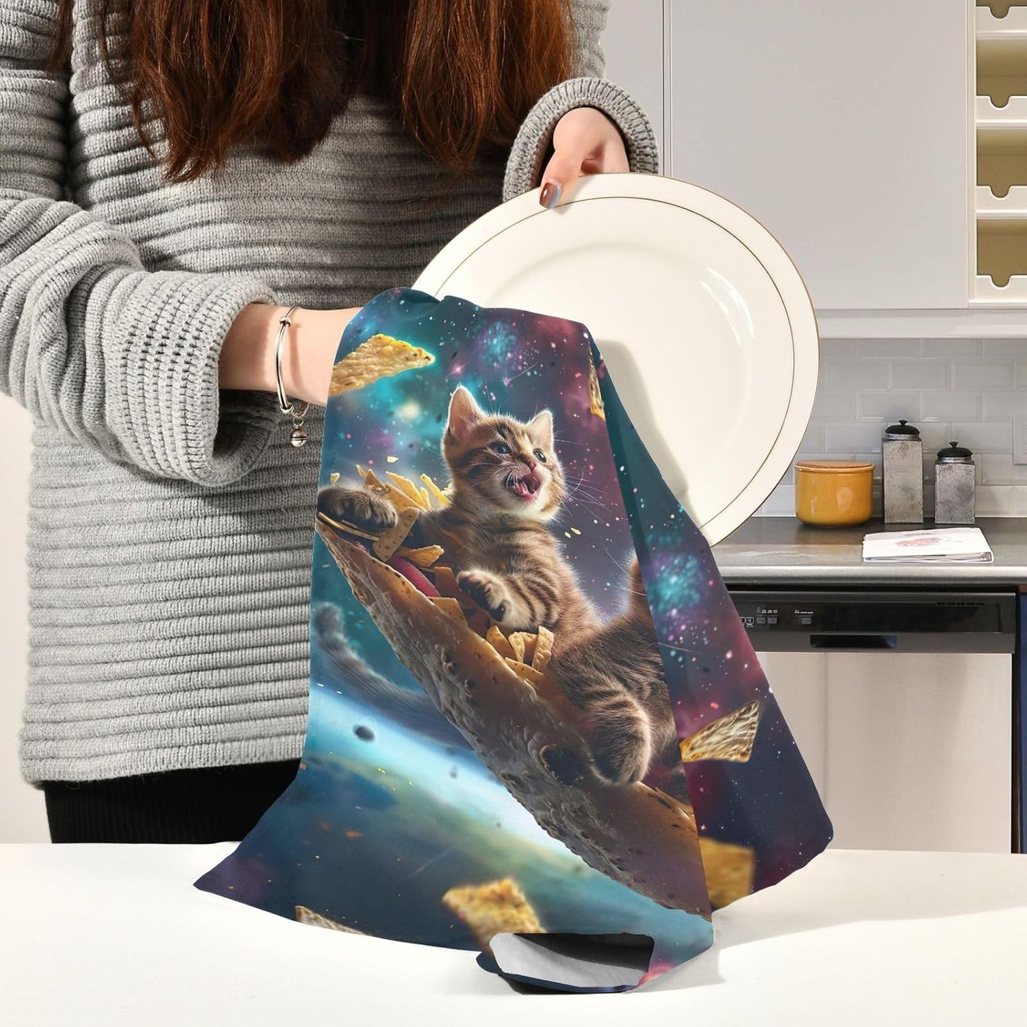 ODAWA Funny Cat Galaxy Kitchen Towles Soft and Super Absorbent Dish Towel Hand Towels Housewarming Gifts for New Home (18"x 28", 6 Pack)