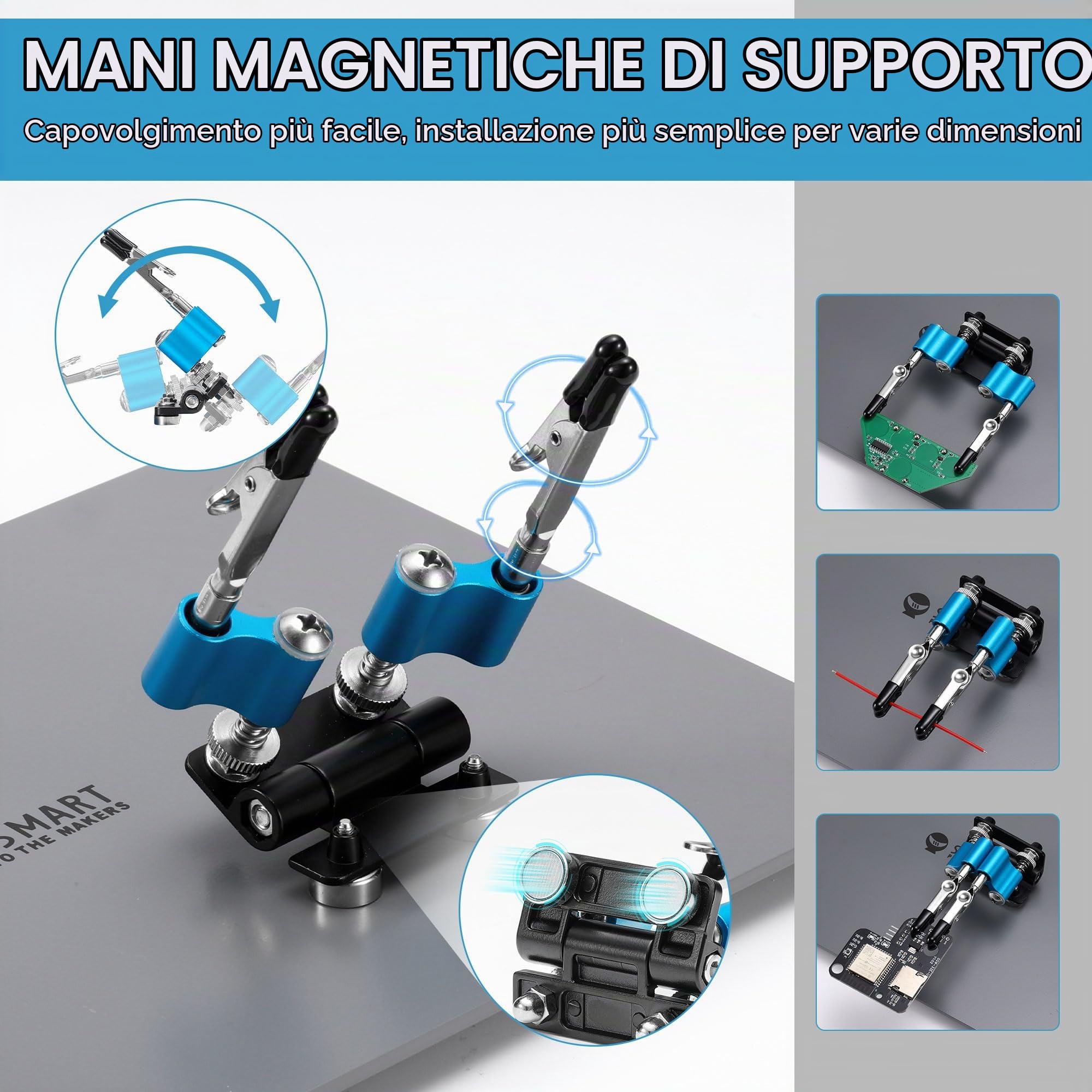 Sainsmart Supporto per saldatura PCBH v2, Stazione di saldatura magnetica, nuovo saldatore e mini porta clip, ingrandimento 5x LED integrato, 6 bracci a collo d'oca regolabili