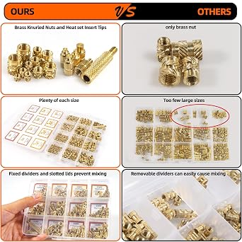 Threaded Inserts Assortment Kit, Female Thread Metric Knurled Nuts and Heat Set Insert Tips totalling 330+6 Pcs, M2M2.5M3M4M5 Heat Embedment Brass Nuts for Plastic and 3D Printing Components