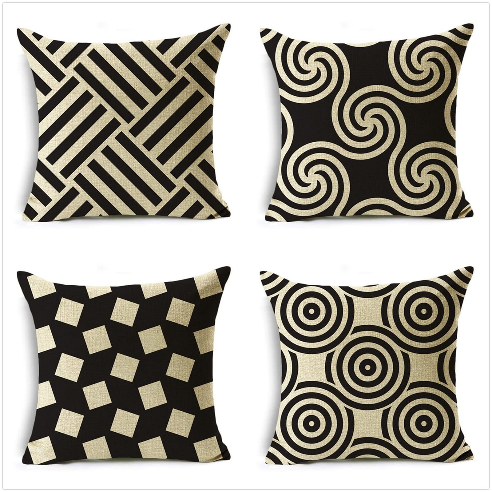 Geometryczne poszewki na poduszki z frędzlami 70 x 70 cm, lniana kwadratowa poszewka na poduszkę, dwustronny nadruk z ukrytym zamkiem błyskawicznym, zestaw 4 sztuk, na zewnątrz, patio, ogród, salon, sofa, dom wiejski, wystrój