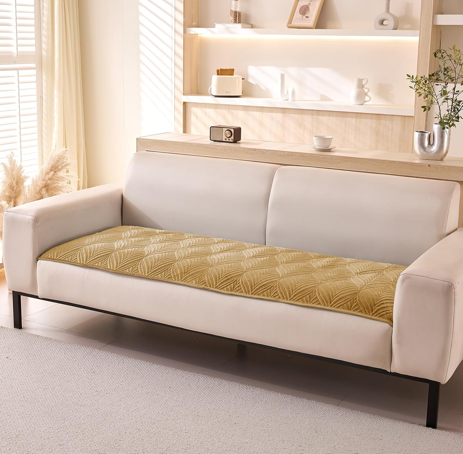 House of Quirk Velvet Plush Sofa Cover Palm Leaves Quilted Sofa Cover 1/2/3/4 Seater Mat Anti-Slip Stretch Seat Pad Sofa S