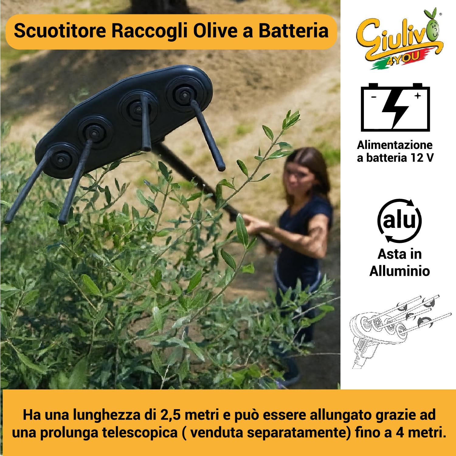 Crisalide® - Volpi Giulivo 4YOU Scuotitore Raccogli Olive Abbacchiatore Scuotiolive a Batteria - Nero