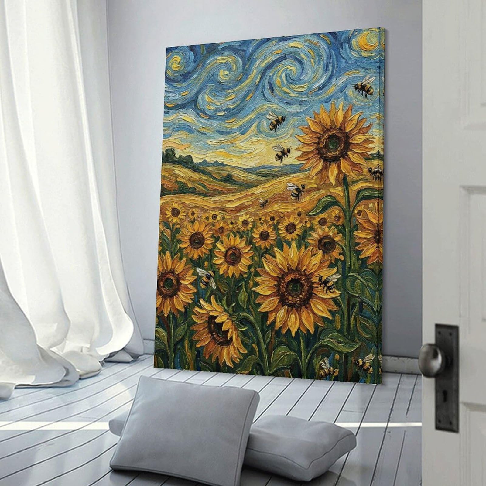 Junmoney Sunflower Field with Bees, Van Gogh Style Home Decor Wall Art, 20x30inch(50x75cm), for New Homes, Bedrooms Or Workspaces, Gift Idea for Housewarming And Birthdays
