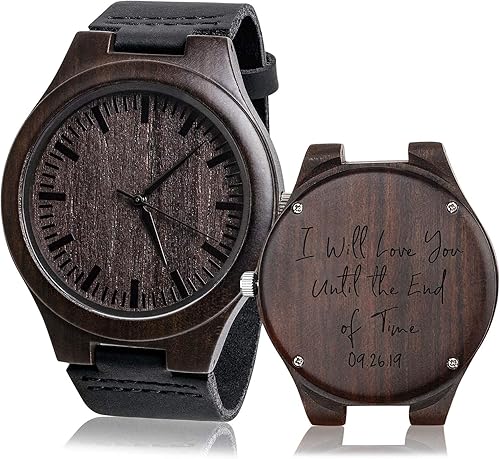Relojes de pulsera de madera de cuarzo analógico vintage grabados personalizados para hombres con correa de cuero de vaca, reloj personalizado para