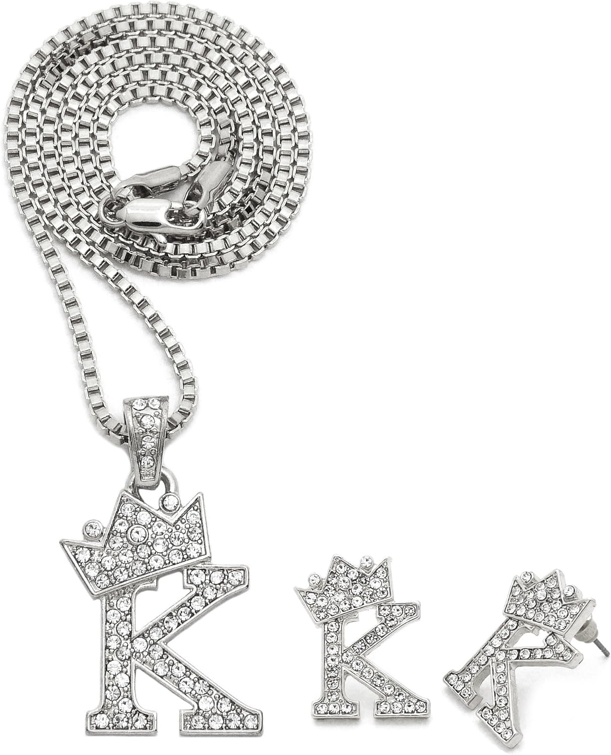 Fashion 21 Unisex Small Size Pave Initial Alphabet Letter Pendant 24" Box Chain Necklace & Earring Set (K Set/Silver)