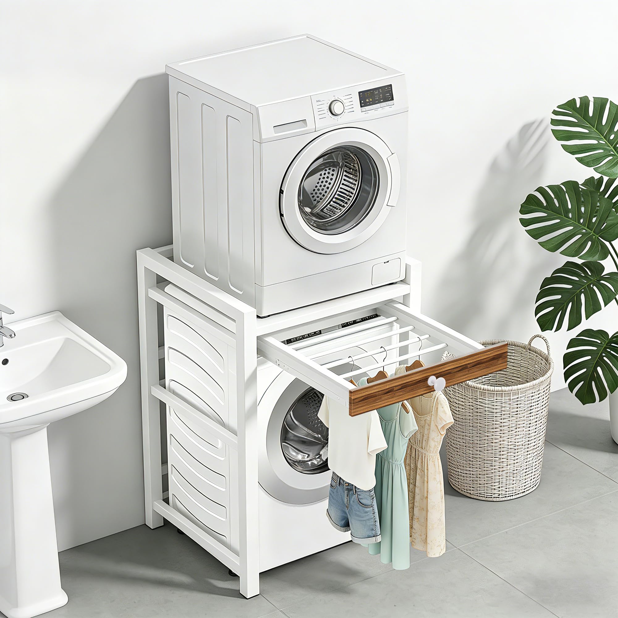 Estantería para lavadora, lavadora, secadora, armario de 3 alturas ajustables sobre lavadoras, capacidad de carga de 350 kg, armario para cuarto de baño, balcón (blanco con estante)