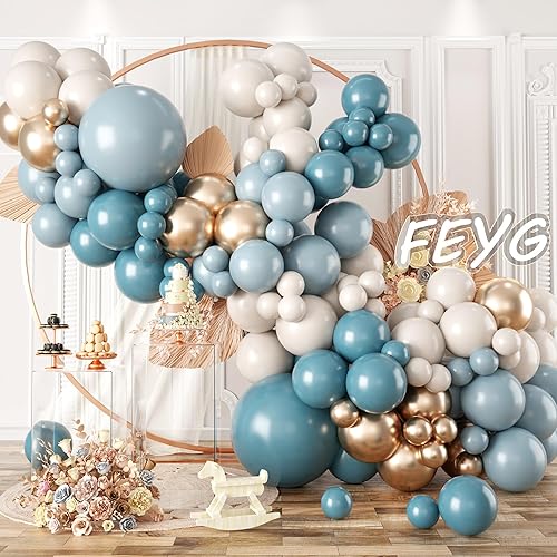 Kit de guirnalda de arco de globos azul polvoriento, retro, azul polvoriento, blanco, arena, azul océano, cromado, champán, globos dorados para