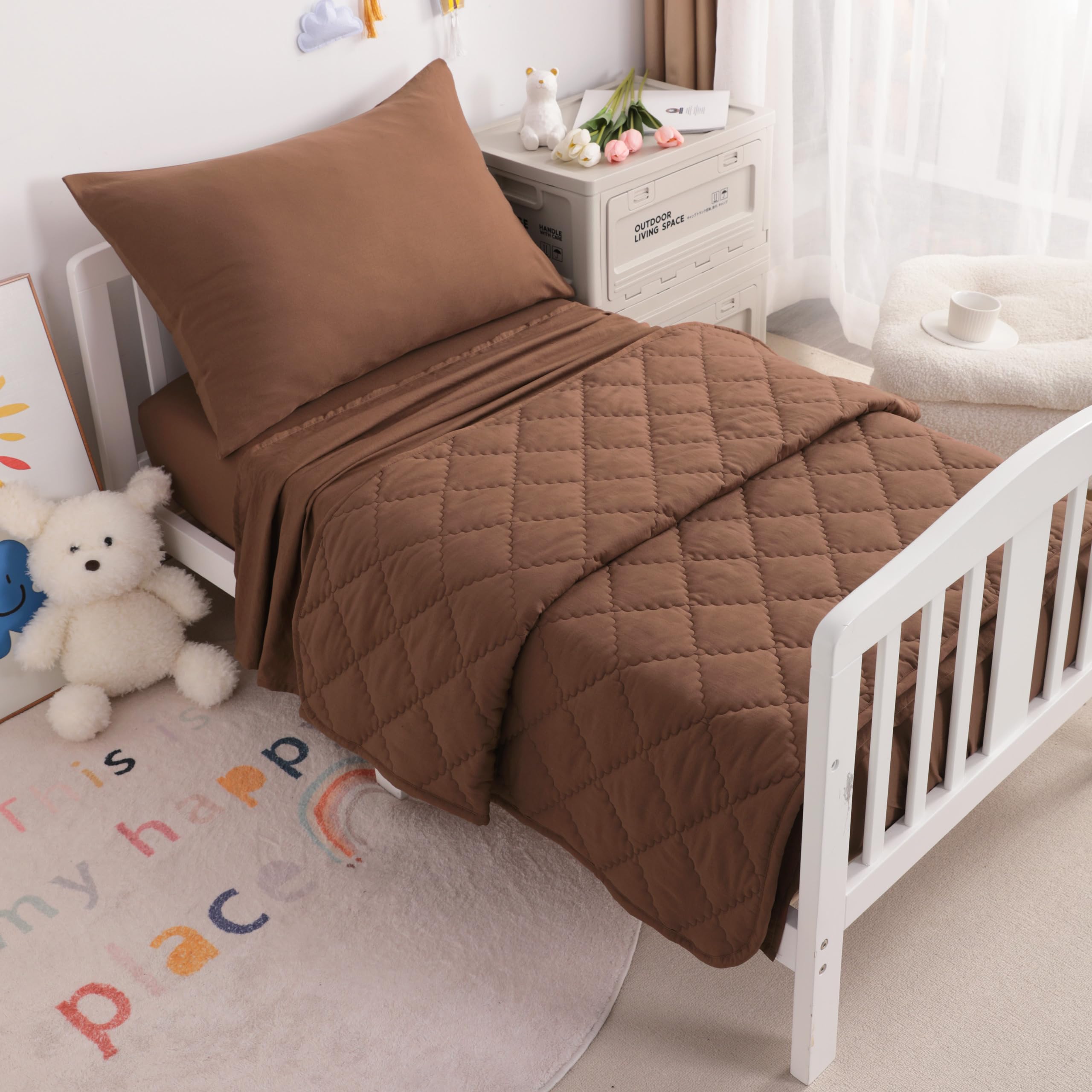 Toddler Bedding Set, 4 Piece Soft and Breathable Crib Bedding Set for Boys and Girls, Bed in A Bag for Kids, Includes Comforter, Fitted Sheet, Flat Top Sheet and Envelope Pillowcase, Brown
