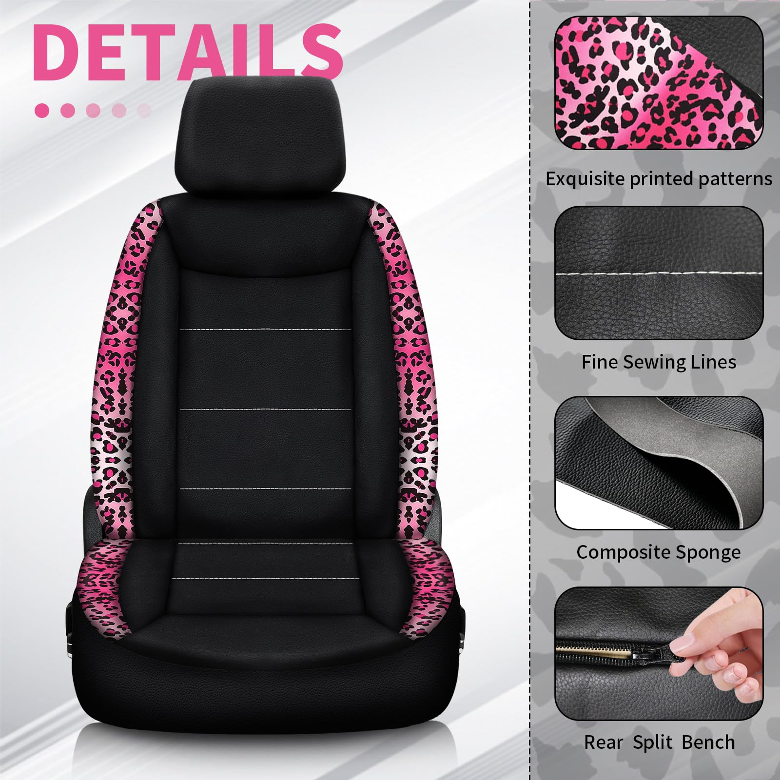 Set completo di 23 coprisedili per auto da donna, universali, con stampa, coprivolante, console centrale, accessori per occhiali da sole, SUV (stampa leopardata rosa)