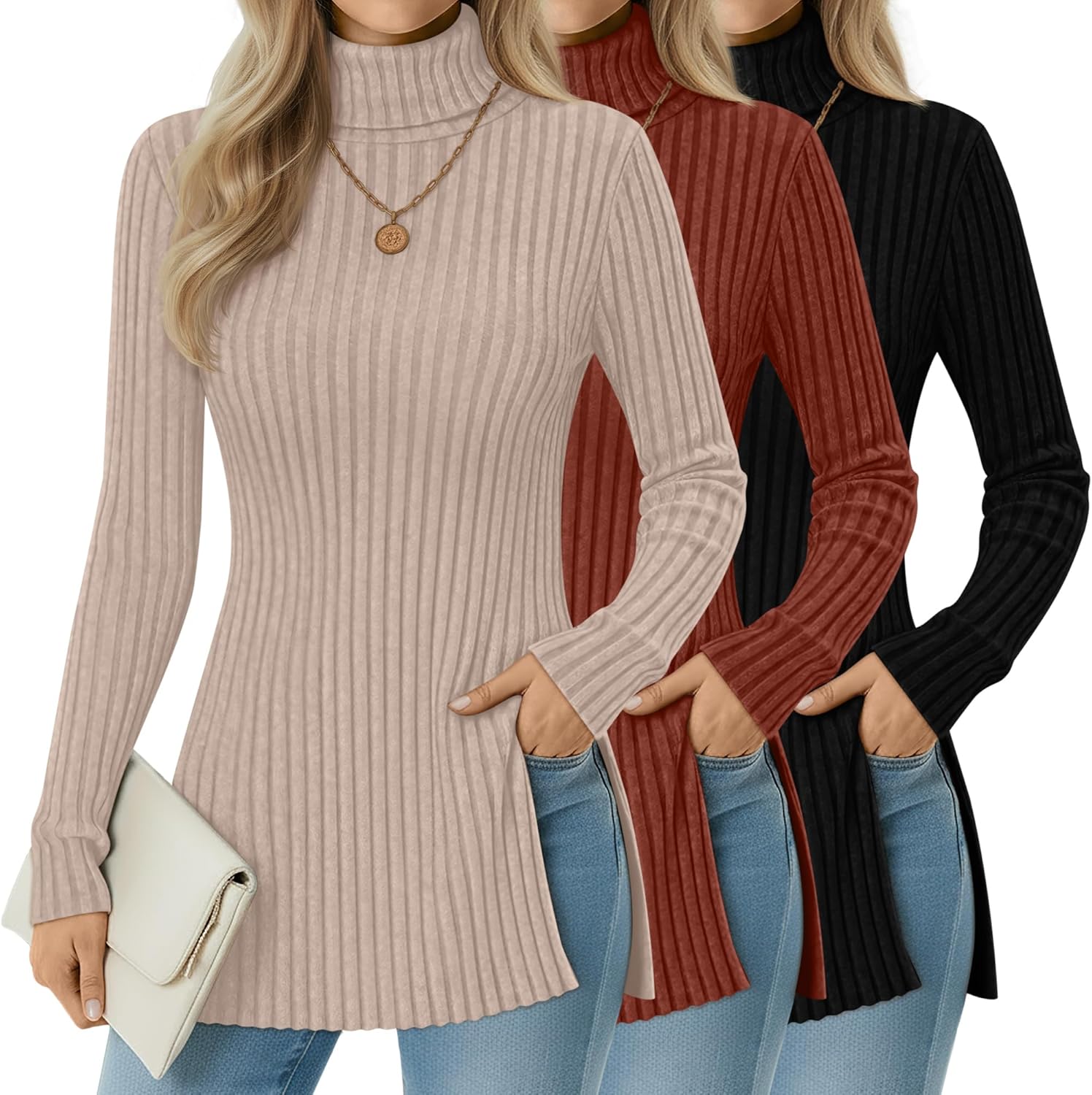 3 Pack Women's Turtleneck Sweaters, Side Split Long Sleeve Pullover, Ribbed Knit Fall Winter Lightweight Tunic Top