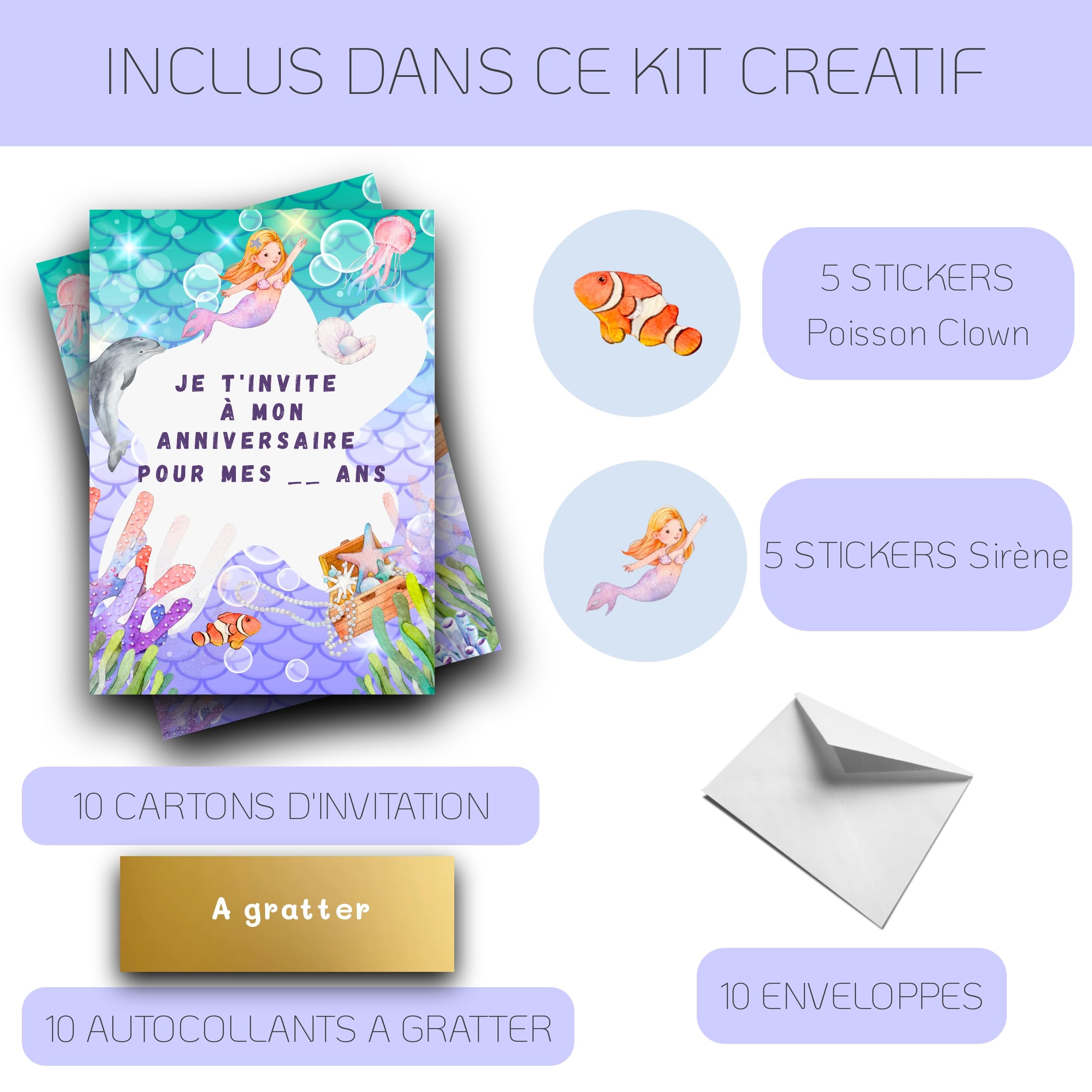 EVTI 10 Invitation Anniversaire Fille thème sirène, carte invitation EVTI 10 Invitation Anniversaire Fille thème sirène, carte invitation