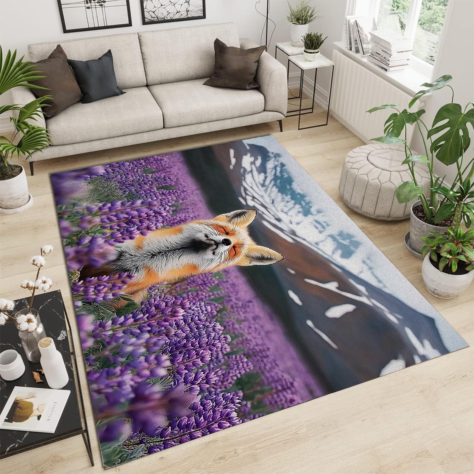 Tapis renard mignon lavable pour chambre d'enfant, grand tapis doux fleurs et animaux