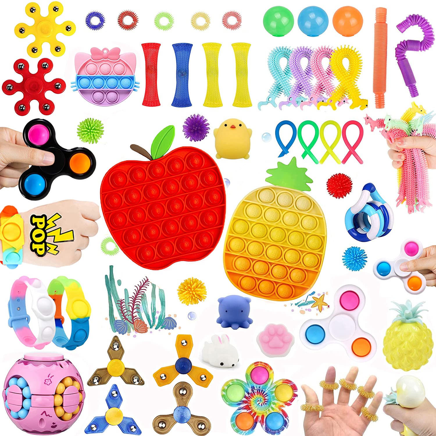 50 Pcs Fidget Toys Set Cheap,Figetget toys set,Fidget Sets,Sensory Relief Toys Set, Anxiety Relief Fidget Toys With Fidget Cube Fidget Spinners Stress & Sticky balls, Etc (Apple)