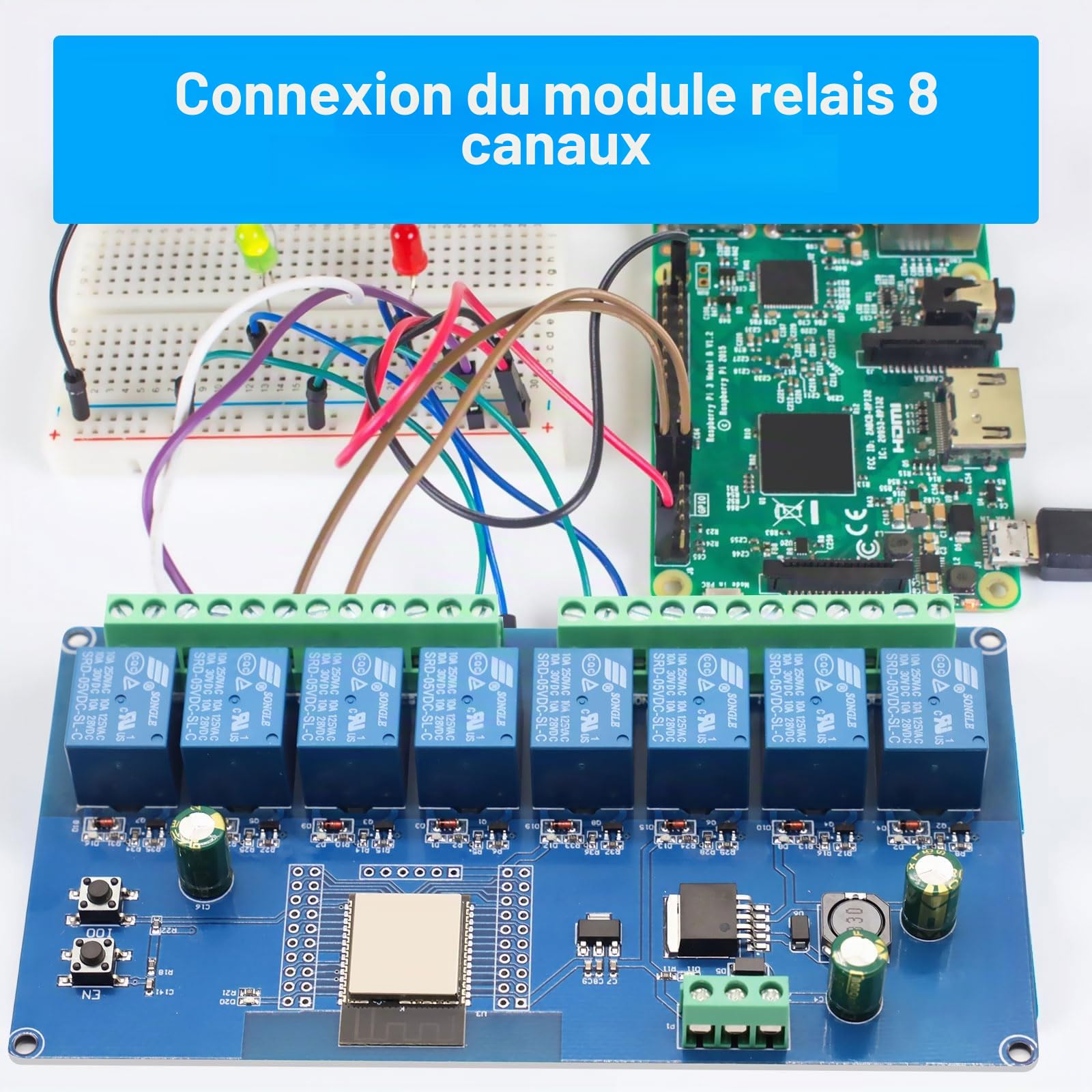 ESP Module relais 8 canaux – WiFi Bluetooth BLE avec carte de développement ESP, alimentation DC5-30 V pour Arduino IDE (LC Relay-ESP-8R-D5)