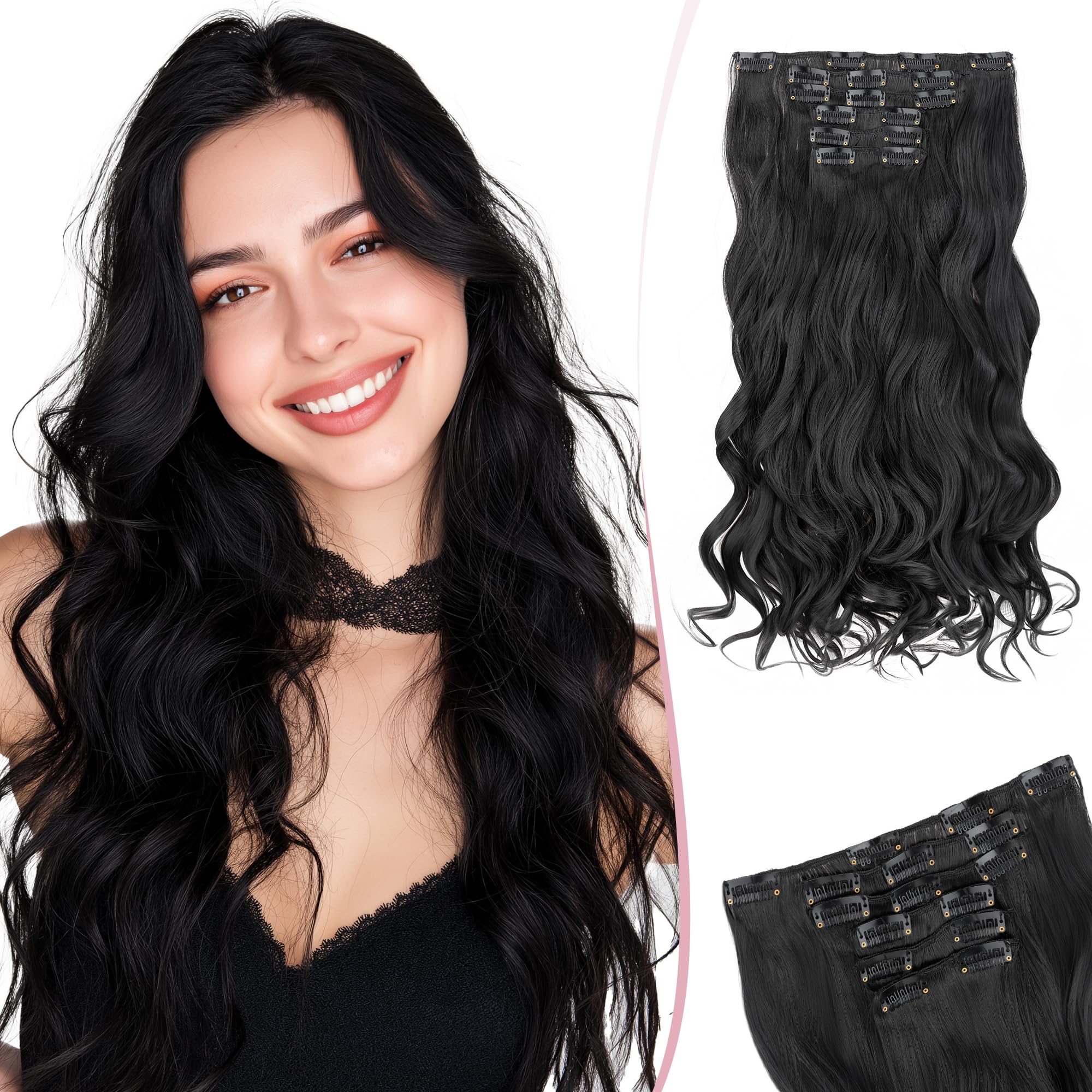SEGO Clip In Hair Extensions 22 Inch 6PCS Thick Clip In Hair Hairpieces 150g Long Wavy Hair Extension Synthetic Full Head for Women Dark Black