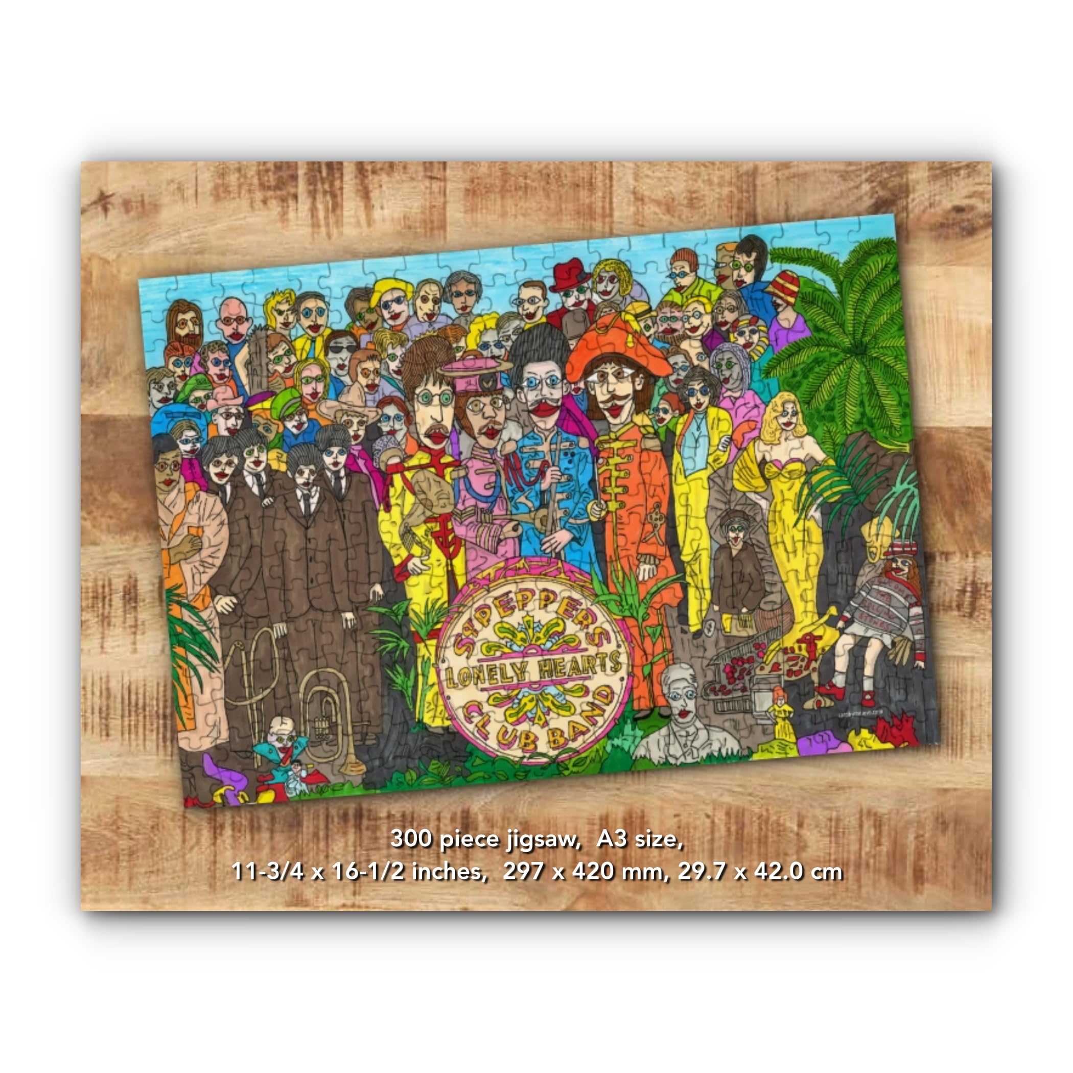 Sgt Pepper Beatles jigsaw puzzle, 300 pieces, cardboard puzzle with pearlescent glossy finish. A fun gift for fans! Size 29.5 x 40.5 cm (A3)